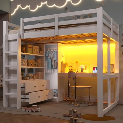 Hochbett 140x200 mit 2 Schubladen und Regalen, Kinderbett mit Kleiderschrank, Unterbettschreibtisch, LED-Licht und USB, weiß