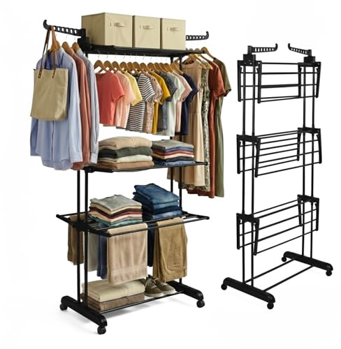 Straame 4-Tier Clothes Airer, Foldable Drying Rack with Wheels, 40kg Black | Double-column frame with 360° side wings, 14 hanging hooks, shoe rods, brake castors, stainless tubes and 22 cm storage depth