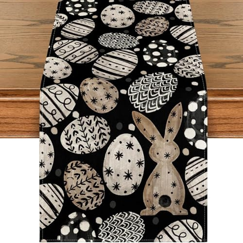 Ostern Deko Tischläufer, Hasen Ei Design, Ostern Tischläufer, Schwarz | 183x33cm, Leinendruck Heimdekoration Tischdecke Ostern Frühlingsparty Geburtstagsparty Tisch Dekorationen