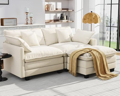 Urhanherry L-Form Cloud Sofa, Modulares Sektionssofa 3-Sitzer mit Ottomane, Modernes Sofa mit Armlehnen/Dekokissen, Atmungsaktivem Chenille-Stoff, L Couch für Wohnzimmer, Beige
