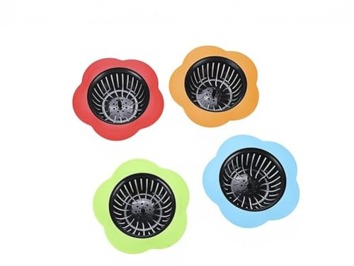 Getdoublerich Lot de 4 filtres de vidange d'évier en forme de fleur pour cuisine, salle de bain, douche, attrape-cheveux en plastique avec petits espaces, à nettoyer, rouge, orange, vert, bleu