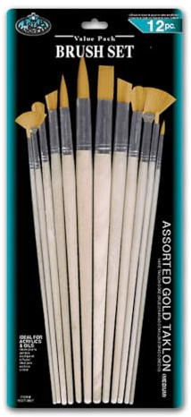 Royal & Langnickel Flat and Round Gold Taklon Long Handled Brush Set (Pack of 12)