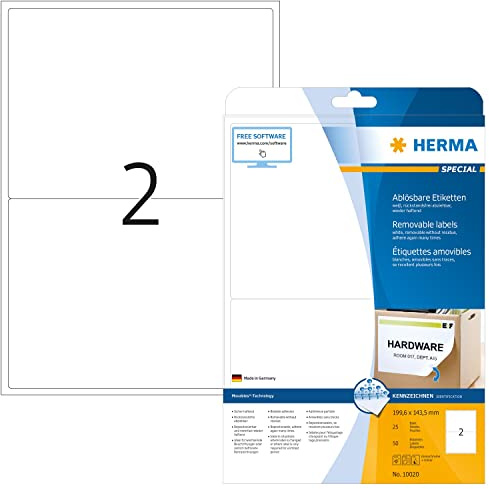 HERMA 10020 Universal Etiketten ablösbar, 800 Blatt, 199,6 x 143,5 mm, 2 pro A4 Bogen, 1600 Stück, selbstklebend, bedruckbar, matt, blanko Papier Klebeetiketten Aufkleber, weiß