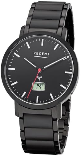 Regent Herren Funk Armbanduhr aus Edelstahl in der Farbe Schwarz 40mm Analog Digital, Wasserdichtigkeit: 5Bar, 11030181