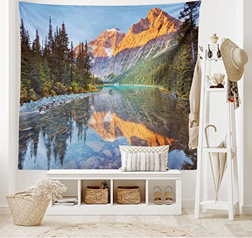 ABAKUHAUS Natur Wandteppich und Tagesdecke, Canadian Mountains aus Weiches Mikrofaser Stoff Waschbar ohne Verblassen Digitaldruck, 230 x 140 cm, Waldgrün Blau