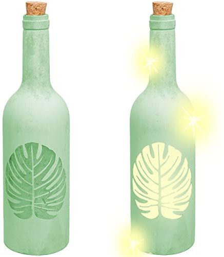 alles-meine.de GmbH Glas - LICHT Dekoflasche - 5 Stück LED - Tropische Blätter/Monstera Blatt/Palmen - grün - Lichtflasche/Flasche mit Licht - 30 cm - Batterie betrieben - ..