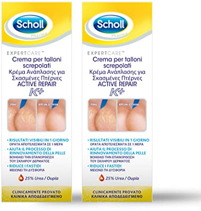 Scholl Crema per Talloni Screpolati Active Repair K+, Crema Idratante per Talloni con Cheratina, Assorbimento Rapido ed Effetto Duraturo, Ideale per Uso Quotidiano, 2 Pezzi da 60ml
