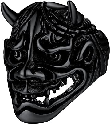 U7 Herren Biker Horn Schädel Ring Schwarz Gotik Großer Ring Japanische Dämonen Prajna Maske Statement Ring Punk Männer Modeschmuck Accessoire(Ring Größe 59)