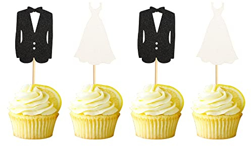Arthsdite Cupcake-Aufsätze für Brautpaar und Brautpaar, Hochzeitskleid und Smoking, Cupcake-Picks, Brautparty, Hochzeit, Verlobung, Jahrestag, Party, Kuchendekoration, Zubehör, 24 Stück
