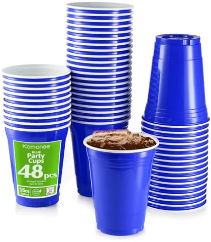 Komonee Blue Cups 16oz 500ml Wide Rimmed Disposable American Superbowl Party Cups USA Adult Novelty Plastic Glass 48pc