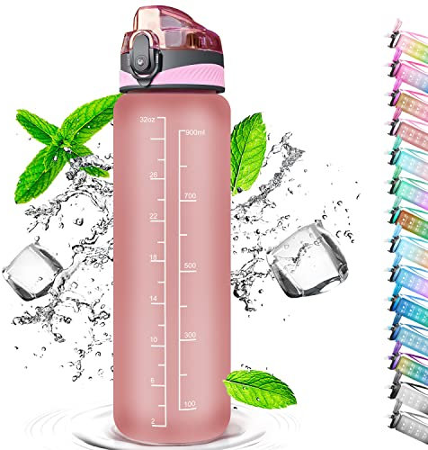 Auckpure Sport-Trinkflasche, 1 Liter, Wasserflasche mit Strohhalm, mit Marker, Öffnen mit einem Klick, geeignet für Fitnessstudio, Yoga, Camping, Radfahren und das Familienleben (Rosa)