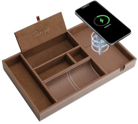 SANZIE Leather Tray with Wireless Charger - Nightstand Organizer for Phone, Wallet, Keys, Sunglasses, Watches, Jewelry, and More (Brown)