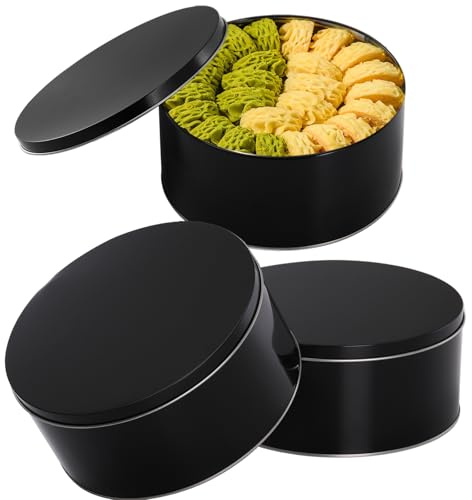 Yopay 3 Pack Cookie Tin with Lid, Round Gift Tin, Black Baking Cake Container for Storing Patisseries, Snack, Chocolate, Easter, Special Occasion, Holidays, 7 Wide by 3.2 Tall