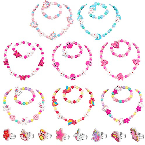 Hifot 24 Stück Kinderschmuck Mädchen, Einhorn Schmetterling Regenbogen Holz Beads Halskette Armband Verstellbaren Ringen Prinzessin Schmucksets für Kinder Party Geburtstagsfeier Gefälligkeiten