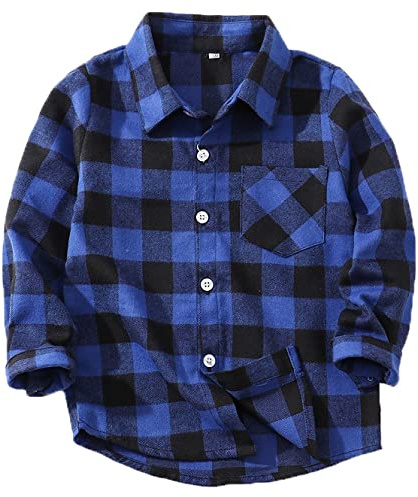 Coralup Boy's Button Down Long Sleeve Plaid Shirt Cotton Girls Blouses Flannel Checked Shirts Casual Blue 8-9Years