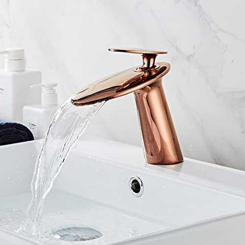 SJQKA Wasserfall Wasserhahn Bad, Waschbeckenarmatur,Wasserhahn Bad Aus Erstklassigem Messing,wasserfall Einhandmischer Für Bad Badezimmer Waschbecken (Roségold)
