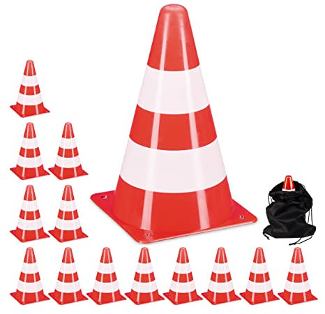 Relaxdays Pylonen 14er Set, für Fußball-und Hundetraining, Markierungskegel 23 cm hoch, Schnürbeutel, stapelbar, orange