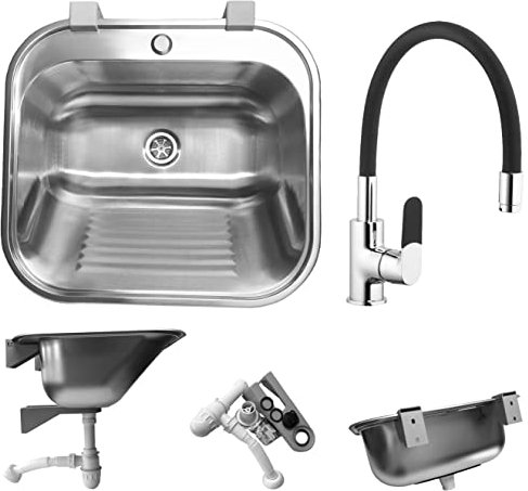 AQUA HEATING Waschbecken mit Armatur aus Edelstahl Garage Küche Garten, Spülbecken mit Fach, Werkstatt Industrie Keller, Outdoor Indoor Waschbecken Spüle K9146TB Satinmatt 55x50x21 cm