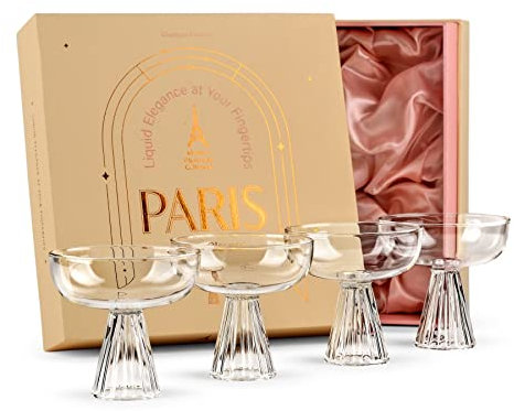 GLASSIQUE CADEAU Modern Paris Coupe Cocktail and Champagne Glasses | Set of 4 | 230 ml Borosilicate Saucers for Espresso Martini, Cosmopolitan, Daiquiri, Manhattan, Sidecar