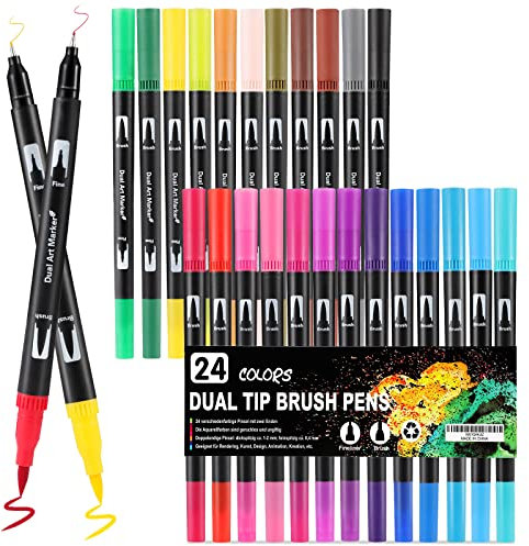 Mzh Art Dual Tip Colouring Pens brush pens, Pack of 24 Double Fineliners Felt Tip Pens for Adults and children, Professional Art Markers Coloured Pens for Drawing, Lettering, 0.4 &1-2mm