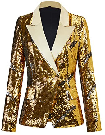 CARFFIV Damen Mode Zweireihige Bankett Party Urlaub Pailletten Langarm Jacken,Gold+Silver,L