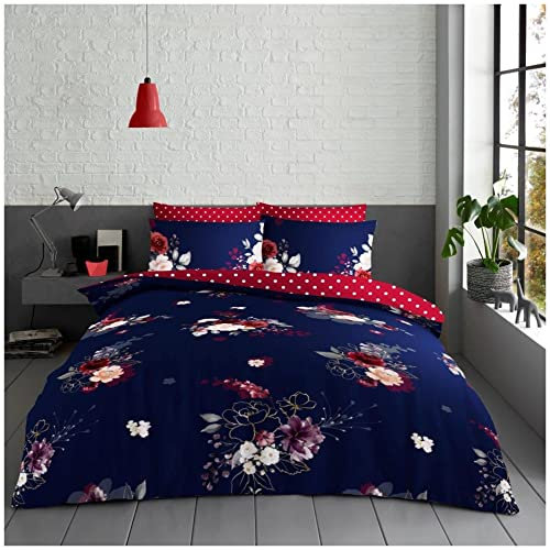 VELVETIO Eden Floral Duvet Cover Set with Matching Pillow case, Easy Care Rose Bedding Sets, Super Soft Reversible Polka Dot Quilt Covers, Double Size Bedset, Navy