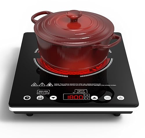 Nafewin Single Burner Electric Cooktop 1800W - 110V Electric Stove Top Burner Portable Stove with Touch Control 9 Power Level - Induction Cooktop with Child Safety Lock Timer for Home Camping