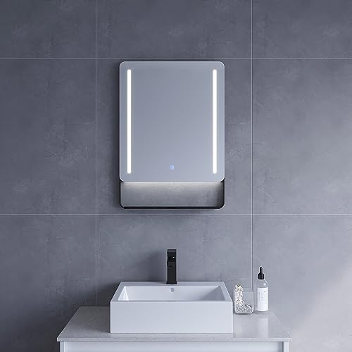 Badezimmer Spiegel mit Beleuchtung und Ablage in schwarz 50 x 70 cm Badspiegel mit hochwertigen Aluminiumrahmen Badezimmerspiegel mit LED Licht Spiegelheizung Touch Schalter Dimmbar für Wandschalter