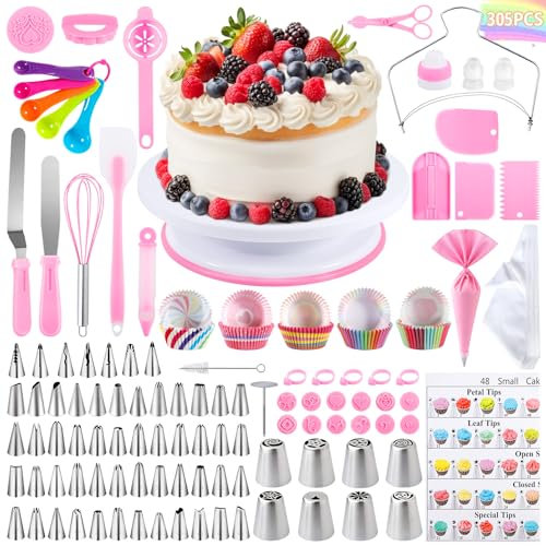 JAMATA Kit Reposteria, 305 pcs Pastelería Kit Completo con Plato Giratorio para Tartas, Boquillas Manga Pastelera y Accesorios Completos para Decoración, Ideal para Decoración de Pasteles