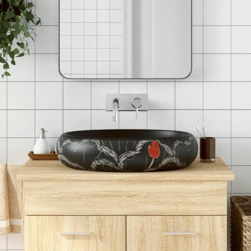 Gecheer Lavabo da Appoggio Nero Ovale 59x40x15 cm Ceramica,Lavello per Bagno,Lavabo Bagno,Lavandino da Appoggio,Lavabo in Ceramica,Lavabo Rotondo,Lavandino Rettangolare