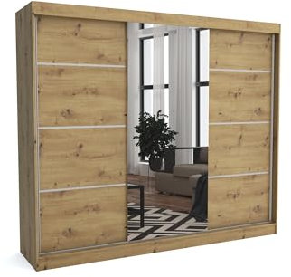 Brent - Kleiderschrank mit Spiegel Tom, 250cm Breit, Schlafzimmerschrank mit 1 Kleiderstange und Einlegeböden für Kleidung, Kleiderschrank Artisan Eiche