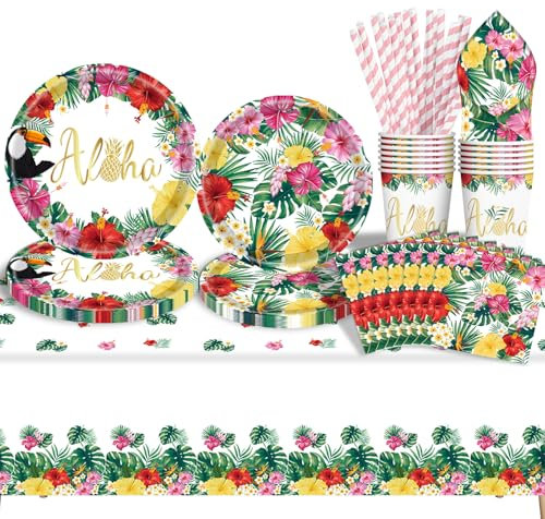 Partygeschirr Meerjungfrau Irisierende, Kindergeburtstag Set, Pappteller mit Luftballons, Pappteller, Papierbecher, Servietten, Stroh, Partydeko Tischdeko für Hochzeitsfeier, Geburtstag (Hawaiian)