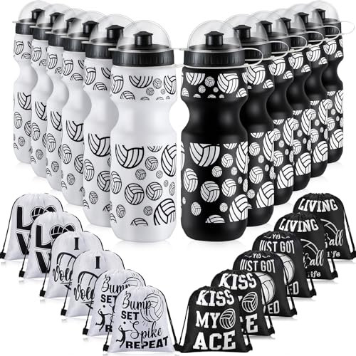 Hosuly Volleyball-Wasserflasche mit Kordelzug, 680 ml, 24-teiliges Set, 12 wiederverwendbare Kunststoff-Trinkflaschen, Trinkbecher, 12 Sport-Gymnastik-Geschenktüten für Gastgeschenke, Schwarz