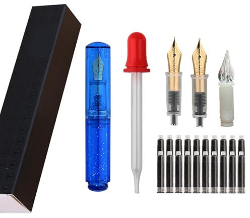 SIPLIV Majohn Wancai Mini Fountain Pen Pocket-Size Travel Pen Iridium Fine Nib Fountain Pen with 3 Pen Nibs, Short Size Eyedropper and 20 Black Ink Cartridges - Starry Blue