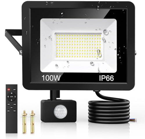 100W Security Lights Outdoor Motion Sensor, PIR Flood Light with Remote Control, IP66 Waterproof, 144 LEDs, Cool White, 6500K, 9000LM, Outdoor Light Mains Powered for Garden Corridor Entrance Backyard