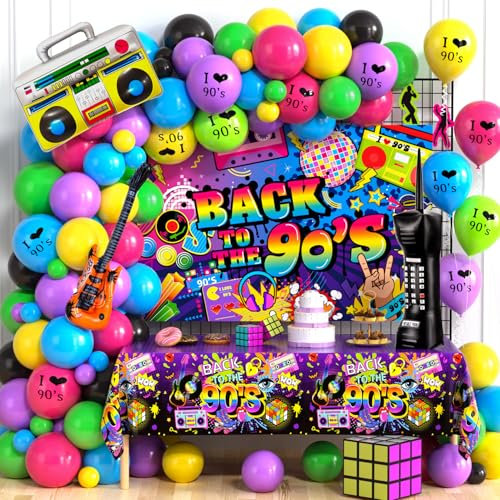 130Pcs 90er Jahren Party Dekorationen 90s Luftballons Girlandenbogen Retro Aufblasbares Radio Boombox Mikrofon Guita Rock Disco Foilballoon Back To The 90s Banner Tischdecke 90er Hip Hop Party