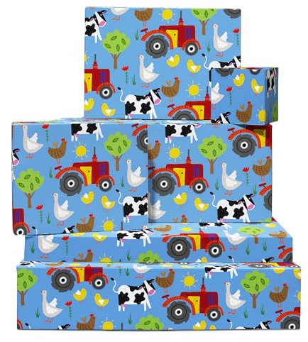 Geschenkpapier Kinder – 6 Blatt Geburtstagsgeschenkpapier für Jungen und Mädchen – Bauernhoftiere – Huhn, Kuh, Ente – für Taufe oder Babyparty – recycelbar – von Central 23