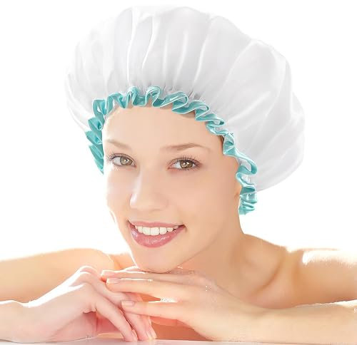 White Shower Cap for Women, Waterproof Reusable Hair Caps for Ladies and Girls, Medium Double-layered Washable Bath Caps for Thick Hair,ear covers for shower,kids shower cap,Shower Caps