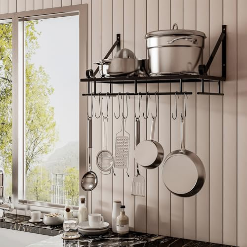 Warmiehomy Küchenregal Wand Pfannenhalter, Wandregal Küche mit 10 Haken, Topf Pfannen Organizer, Gewürzregal Hängend, Wandmontage Küchenutensilienhalter Küchenablage für Küche, Bad, Flur(45x24x25cm)