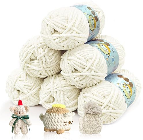 BOUFEIDA Chenille Chunky Wolle zum Häkeln Dickes Garn, 6 Rolle 50g Dicke Wolle zum Stricken, Velvety Baby Wool, Chenille Garn für Hüte, Schals, Socken, Tasche (Milchig weiß)