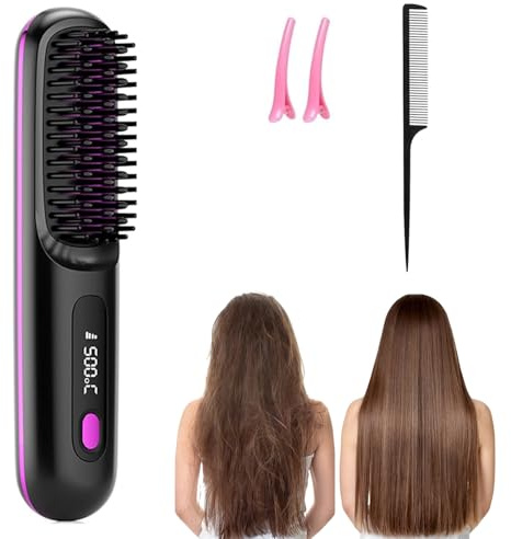 Stylingbürste für Kurze Haare Kabellos, Tragbare Haarbürste Elektrisch, Wiederaufladbare Beheizte Haarglätter Bürste, Verbrühungsschutz Glätteisen für Reisen und Täglichen Gebrauch