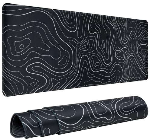 Mouse Pad Gaming 31.5 x 11.8in Desk Mat Topographic Keyboard Pad Mouse Mat with Slip Base Mousepad Edge for Home Office Work Desk Pad (Black)