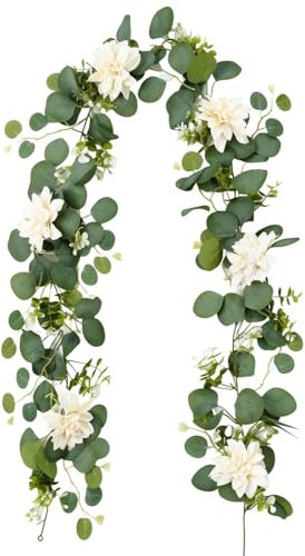 HAMKU Eukalyptus Girlande, Künstliche Pflanze Girlande, 1,8m Hängend Eukalyptus Deko mit Weiße Blumen, eukalyptus pflanze, Eukalyptusranke für Hintergrund, Hochzeit Bogen, Tischdeko(1pcs)