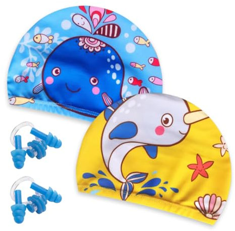 KEQAR Gorro de natación impermeable para niños con tapones para los oídos, pinza para la nariz, gorros de piscina para niños y niñas, gorros de piscina para niños y niñas de 4 a 10 años.