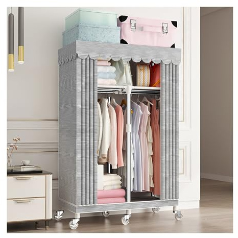 Gumatea Kleiner Kleiderschrank, Tragbarer Stoffschrank mit Rollen, Textilkleiderschrank mit Kleiderstange und Ablagen Garderobe Canvas mit Reißverschluss, Fächern, für Schlafzimmer Ankleidezimmer