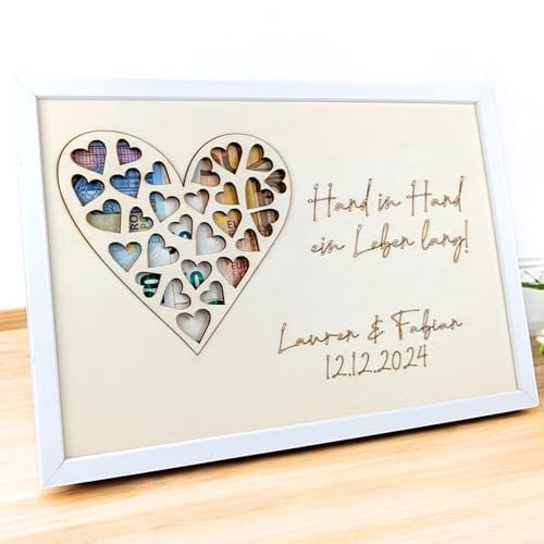 Geldgeschenk Hochzeit - Personalisiertes Holz Herz - Einzigartiges Hochzeitsgeschenk für Brautpaar oder Geschenk Freundin Geburtstagsgeschenk - Text und Datum auswählbar - Bilderrahmen
