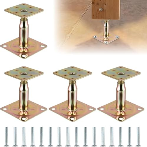 4PCS 100-150mm Galvanised Adjustable Elevated Post Base Support, Heavy Duty Roof Support for Building, Yellow Zinc