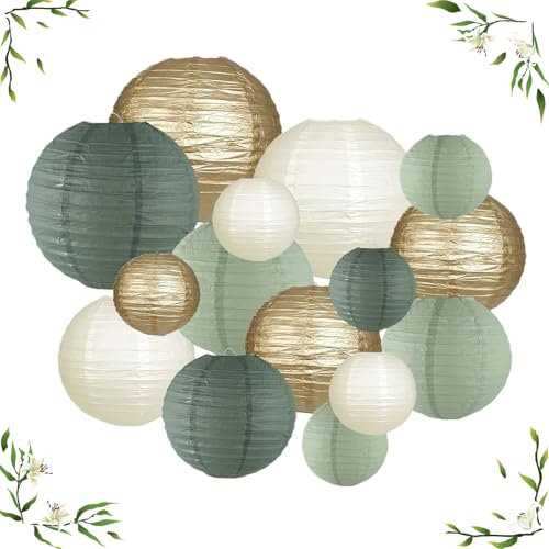 ARTGUTS 15 Stück Grün Cream und Gold Papierlaterne Lampion rund Lampenschirm,Salbeigrün Lampions,Runde Papierlaterne für Braut Hochzeitsdekorationen Geburtstagsfeier Gartenparty Salbeigrün Deko