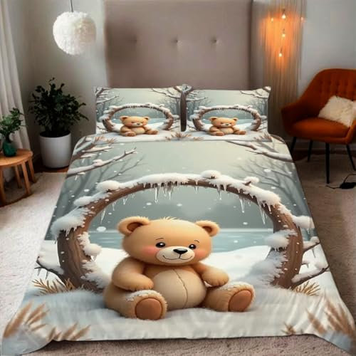Zbeiba Bettwäsche 135x200 Verschneiter Braunbär Muster 3D Drucke geeignet für Teenager Kinder Bettwäsche-Set Mikrofaser Bettbezug Mit Reißverschluss Und 2 Kissenbezug (135x200+2 * 80x80,#7