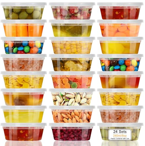 VINATO Boite Hermetique Alimentaire, 24pcs Boite Plastique Alimentaire, 8oz Pots a Sauce Rondes,Boîte à Emporter Pour Conservation & Congelation, Réutilisables Rangement Avec Couvercle, Micro-Ondes